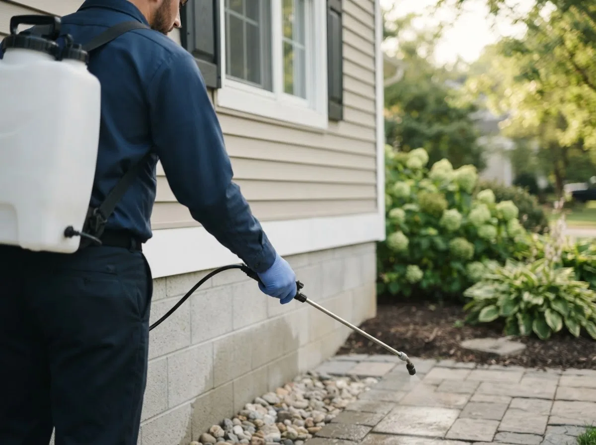 Pest control technician inspecting a home in Lakeside, NE